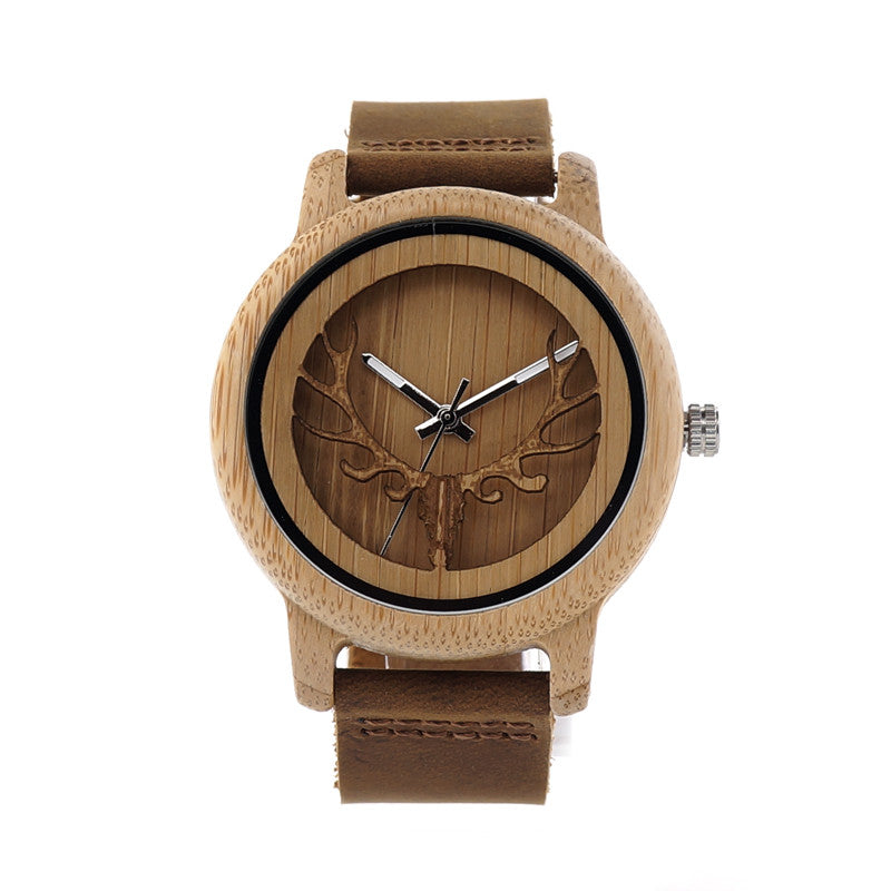 Deer Head Bamboo Wood Watch with Leather Band