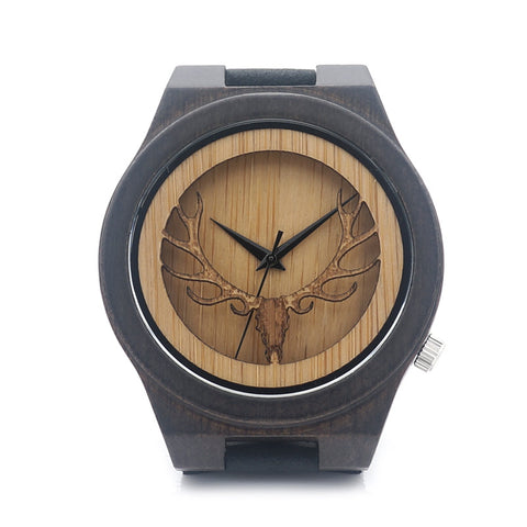 Dark Deer Head Bamboo Wood Watch with Leather Band